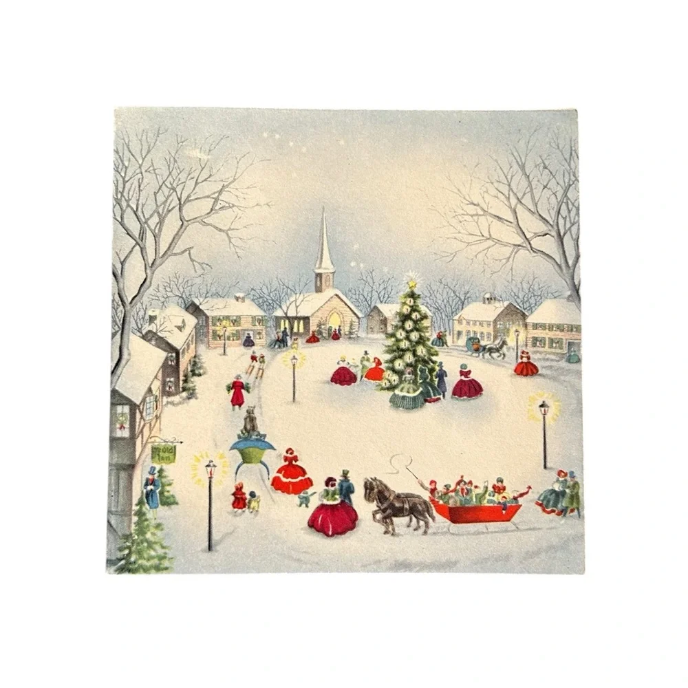 Vintage 40s 50s Christmas Card Victorian Snowy Village Scene Retro Art Ephemera